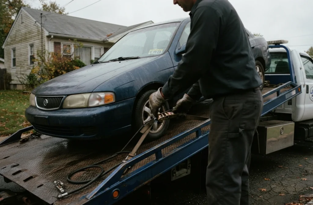 Tow truck picking up a car with expired registration for a cash sale in New Jersey