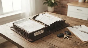 Organized folder of car maintenance records and service receipts for a vehicle sale